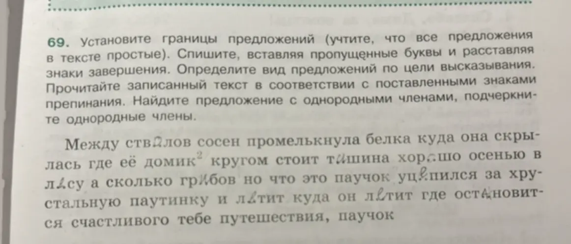 Выполни задание: установи границы предложений, вставь пропущенные буквы, расставь знаки завершения, определи вид предложений по цели высказывания, найди предложение с однородными членами и подчеркни их