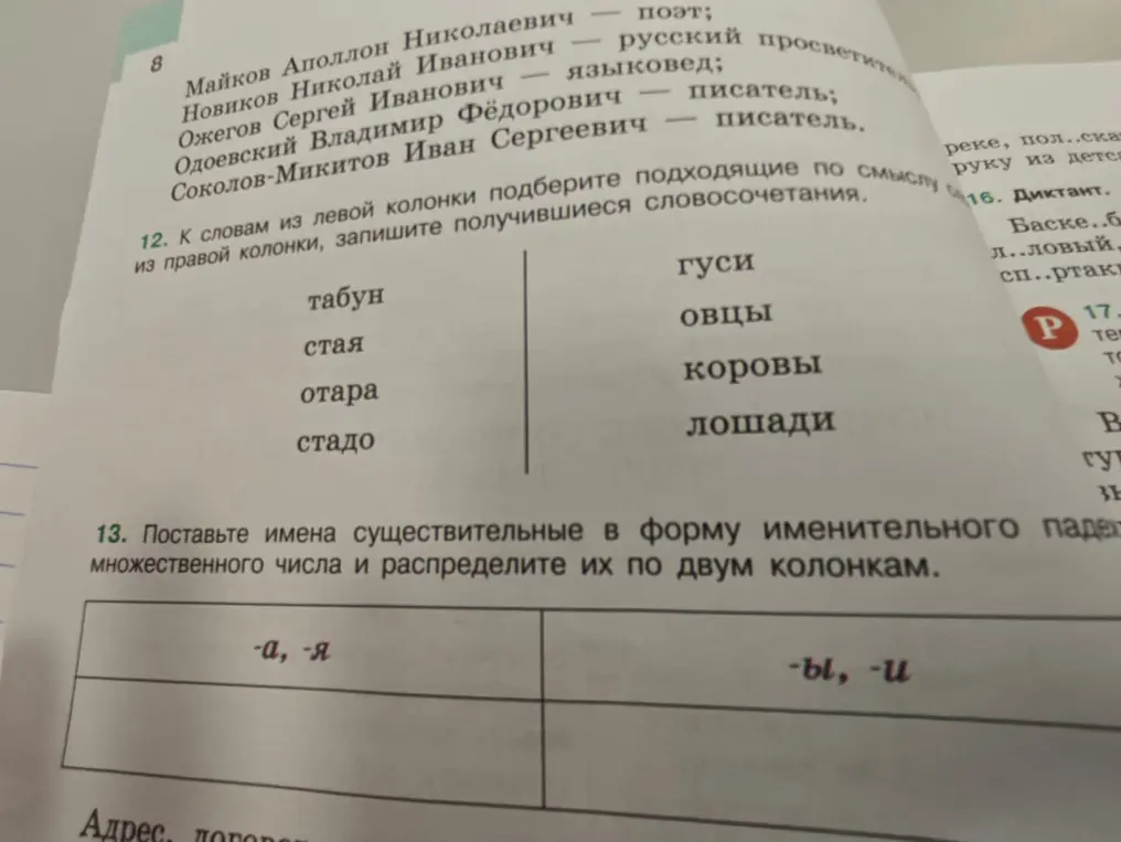 Подбери подходящие по смыслу слова к словам из левой колонки и запиши получившиеся словосочетания; Поставь имена существительные в форму именительного падежа множественного числа и распредели их по двум колонкам.