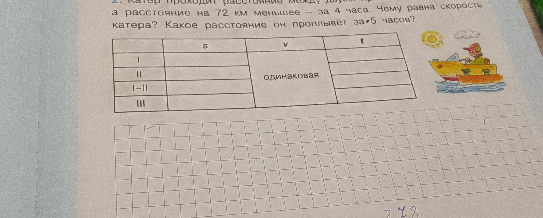 Можешь помочь мне решить задачу про катер, который проходит расстояние на 72 км меньше за 4 часа? Какое расстояние он проплывёт за 5 часов?