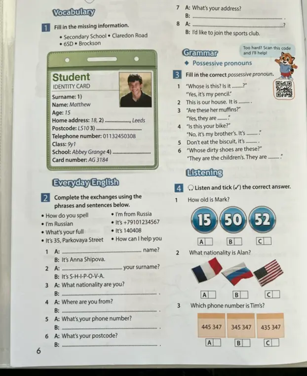 Заполни пропущенную информацию в карточке студента и выбери правильные варианты ответов в заданиях по английскому языку