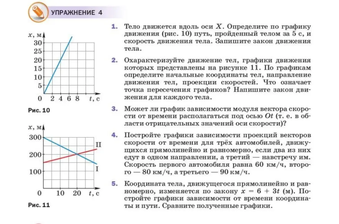 Объясни, как определить путь и скорость тела по графику движения, как охарактеризовать движение тел по графикам, как построить графики зависимости скорости от времени и как построить графики зависимости координаты и пути от времени.