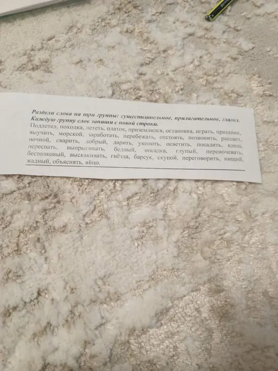 Раздели слова на три группы: существительное, прилагательное, глагол.