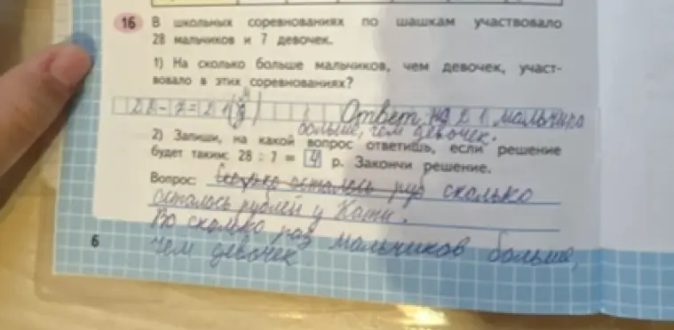 Запиши, на какой вопрос ответишь, если решение будет таким: 28 : 7 = 4