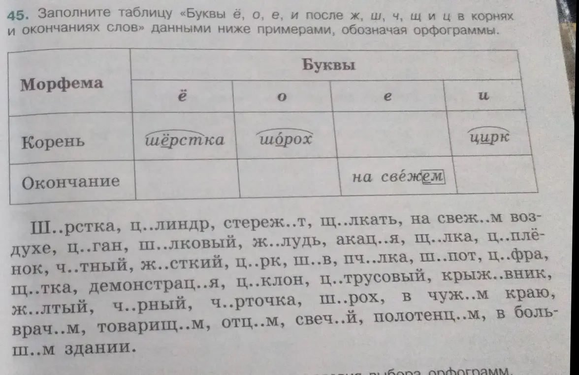 Помоги заполнить таблицу «Буквы ё, о, е, и после ж, ш, ч, щ и ц в корнях и окончаниях слов» данными ниже примерами, обозначая орфограммы.