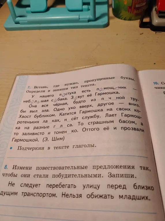 Ты просишь вставить пропущенные буквы, определить тип текста и подчеркнуть глаголы, а также изменить повествовательные предложения, чтобы они стали побудительными.