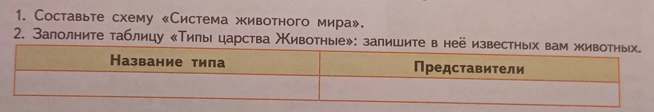 Предложи схему системы животного мира и заполни таблицу типов царства животные