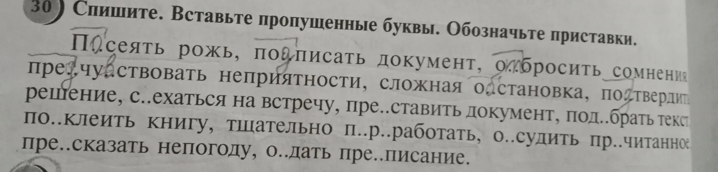 Ты просишь вставить пропущенные буквы и обозначить приставки в предложенных словах.