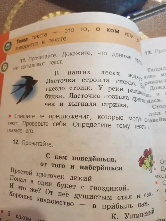 Выполни задания 11 и 12 к тексту про ласточку и стрижа и стихотворению К. Ушинского