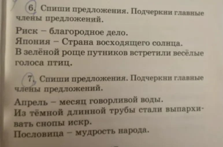 Выполни задание: спиши предложения и подчеркни главные члены предложения.