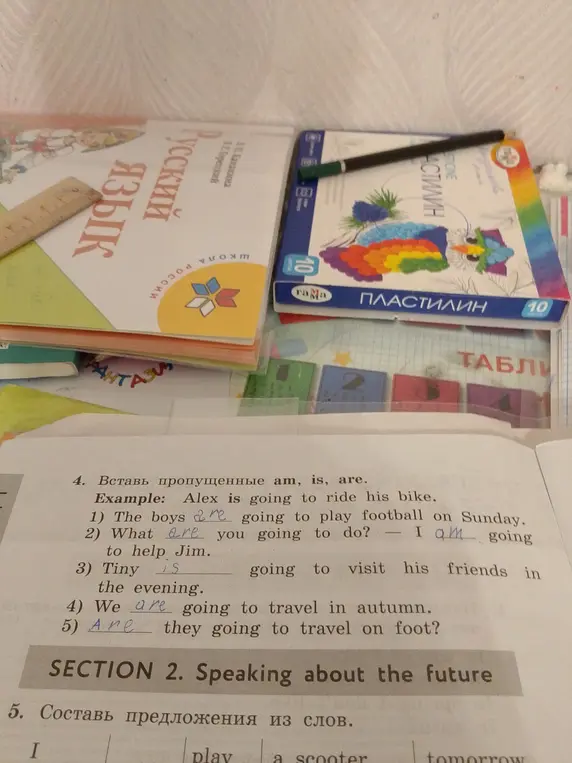 Ты просишь вставить пропущенные am, is, are в предложения.