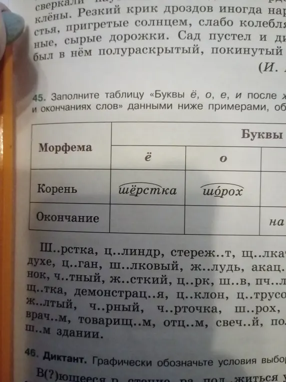 Заполни таблицу «Буквы ё, о, е, и после ж и окончаниях слов» данными ниже примерами.