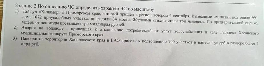 По описанию чрезвычайных ситуаций определи характер ЧС по масштабу: Тайфун «Хинамор» в Приморском крае.