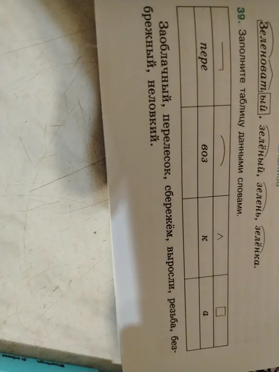 Заполни таблицу данными словами: Зеленоватый, Заоблачный