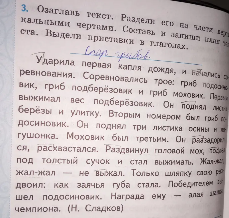 Помоги озаглавить текст, разделить его на части вертикальными чертами, составить и записать план текста, выделить приставки в глаголах.