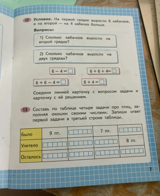 Помоги решить задачи про кабачки и птиц.