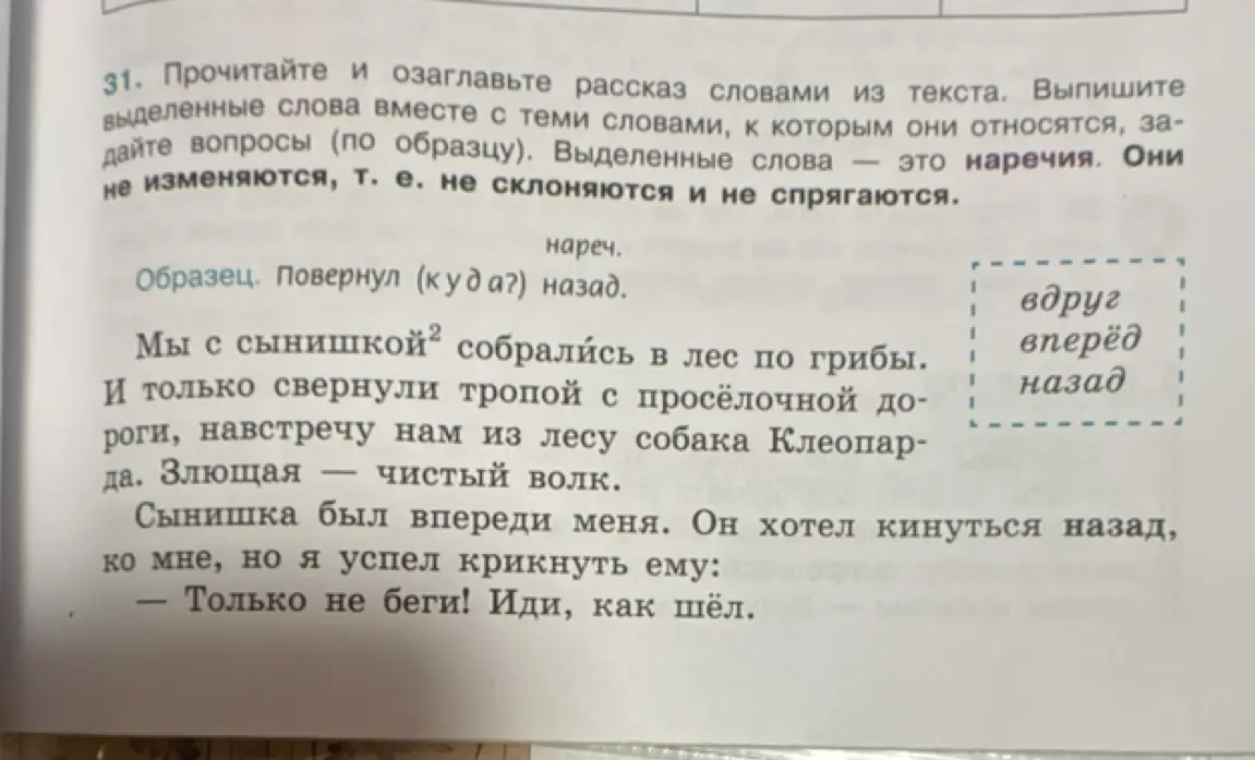 Помоги озаглавить рассказ словами из текста, выписать выделенные слова вместе с теми словами, к которым они относятся, задать вопросы