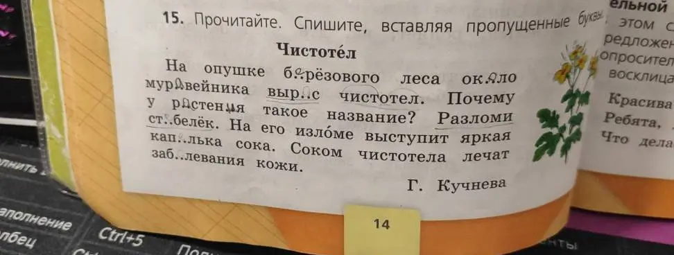 Ты просишь вставить пропущенные буквы в тексте про чистотел