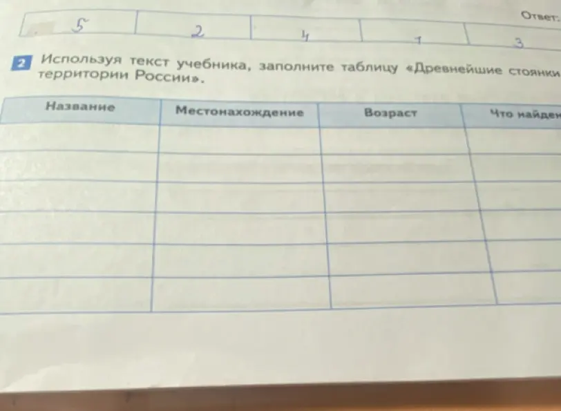 Предложи заполнить таблицу «Древнейшие стоянки территории России»