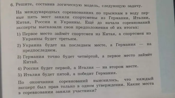 Реши, составив логическую модель, следующую задачу: первое место займёт спортсмен из Китая, а спортсмен из Украины будет третьим.
