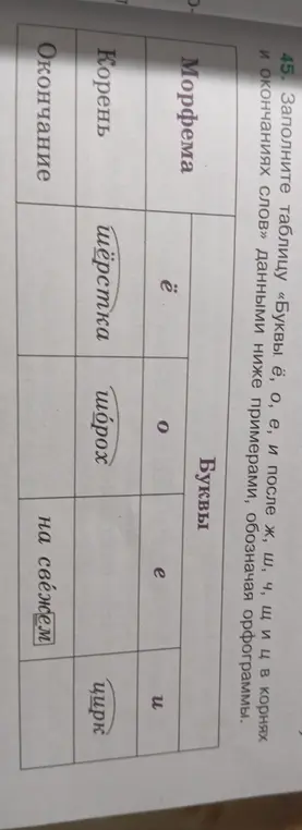 Заполни таблицу «Буквы ё, о, е, и после ж, ш, ч, щ и ц в корнях и окончаниях слов» данными ниже примерами, обозначая орфограммы