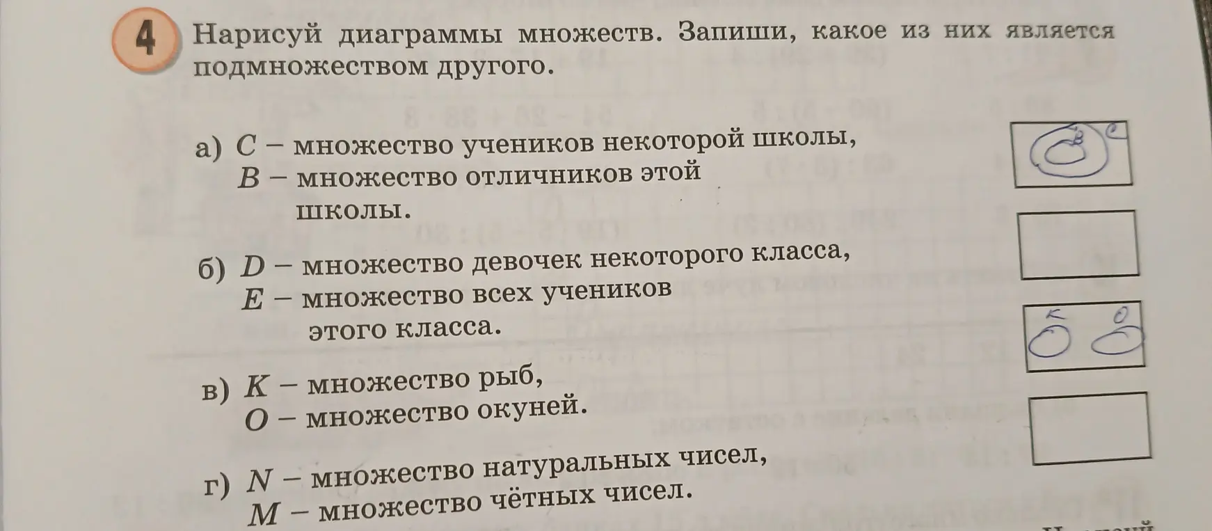 Нарисуй диаграммы множеств и запиши, какое из них является подмножеством другого для множества учеников некоторой школы и множества отличников этой школы
