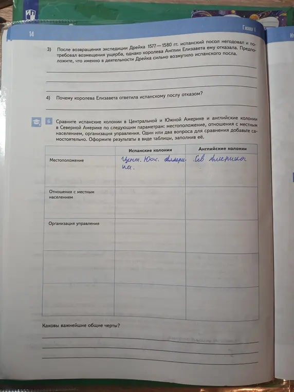 Сравни испанские колонии в Центральной и Южной Америке и английские колонии в Северной Америке по следующим параметрам: местоположение, отношения с местным населением, организация управления.