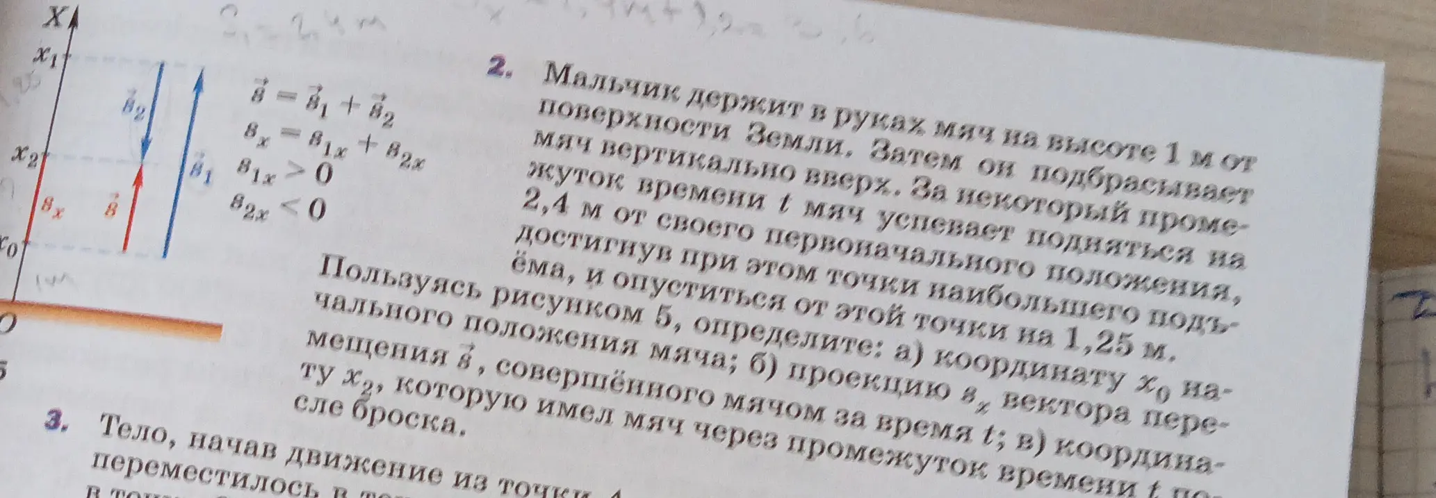 Определи координату начального положения мяча, проекцию вектора перемещения мяча и координату, которую имел мяч через промежуток времени.