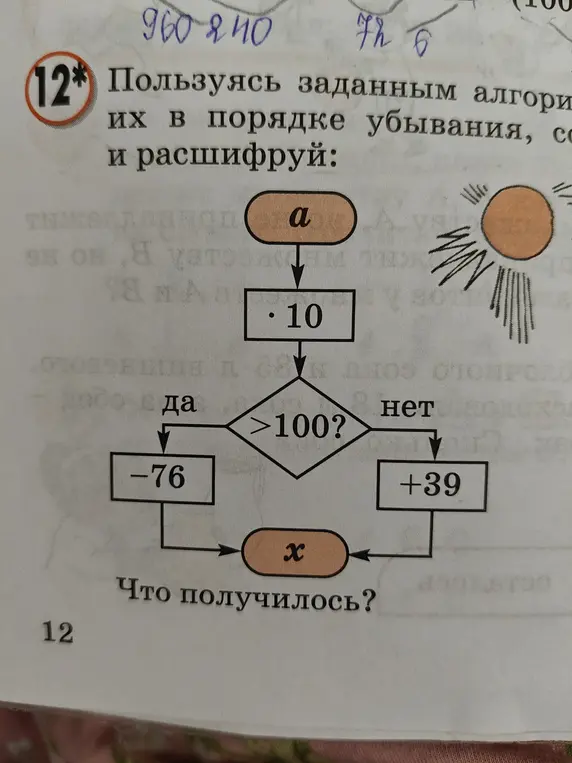 Помоги, пожалуйста, пользуясь заданным алгоритмом, подобрать значения переменной а, расположить их в порядке убывания и расшифровать