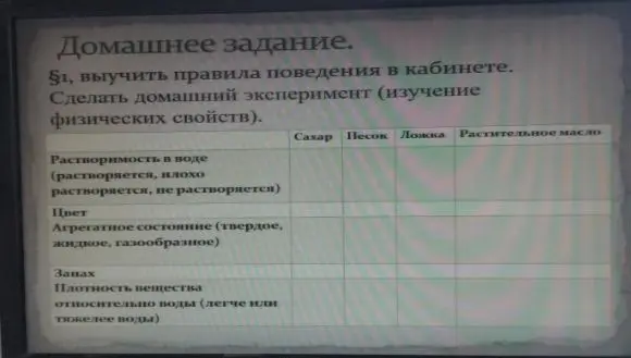 Предложи выполнить домашний эксперимент по изучению физических свойств сахара, песка, ложки и растительного масла, заполнив таблицу с данными об их растворимости в воде, цвете, агрегатном состоянии, запахе и плотности относительно воды