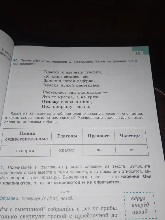 Распредели выделенные в тексте слова по колонкам таблицы, прочитай и озаглавь рассказ словами из текста. Выпиши выделенные слова вместе с теми словами, к которым они относятся, задайте вопросы (по образцу).