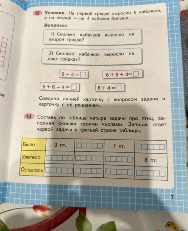 Помоги мне решить задачу про кабачки (12) и составить четыре задачи про птиц (13)