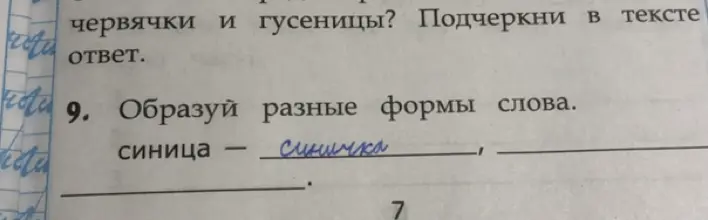 Образуй разные формы слова 'синица'