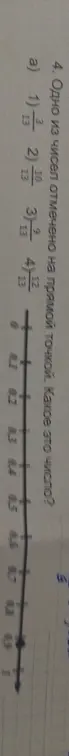 Какое число отмечено точкой на прямой: 1) 3/13; 2) 10/13; 3) 9/13; 4) 12/13?