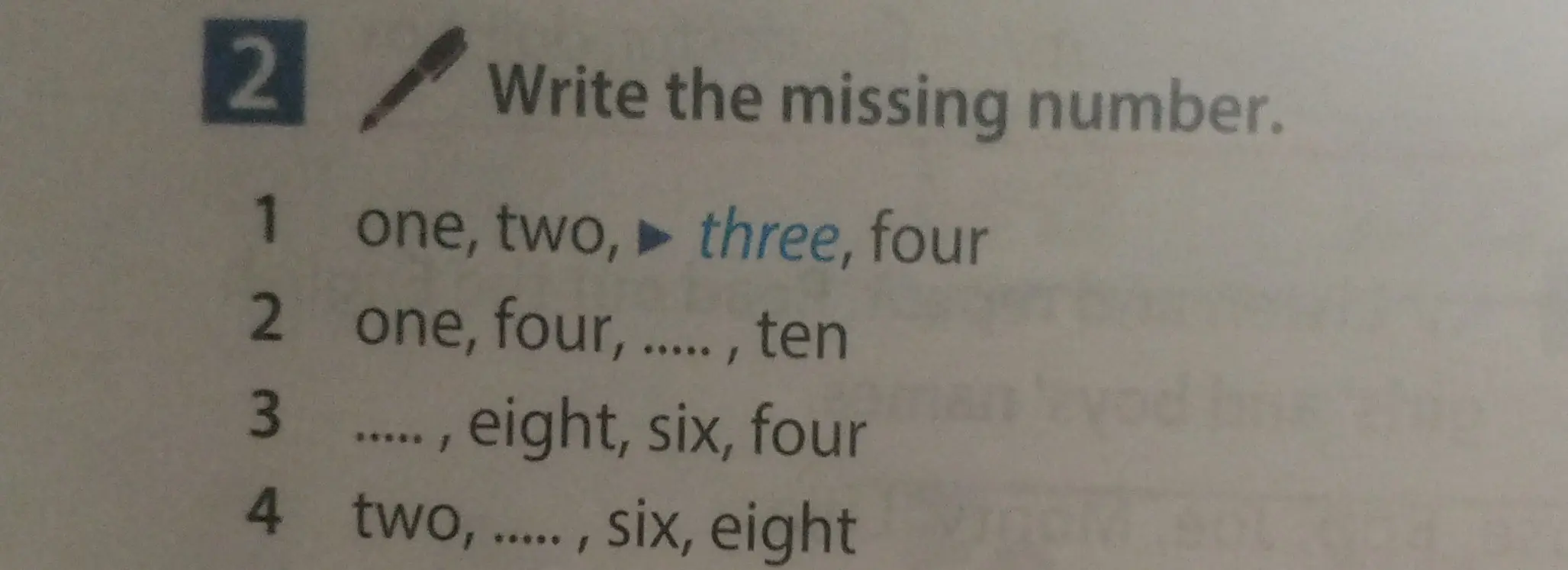 Помоги найти пропущенное число в последовательности 'one, two, ..., four'