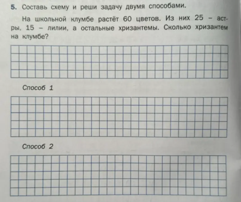 Составь схему и реши задачу двумя способами: на школьной клумбе растёт 60 цветов, из них 25 астр, 15 лилий, а остальные хризантемы, сколько хризантем на клумбе?