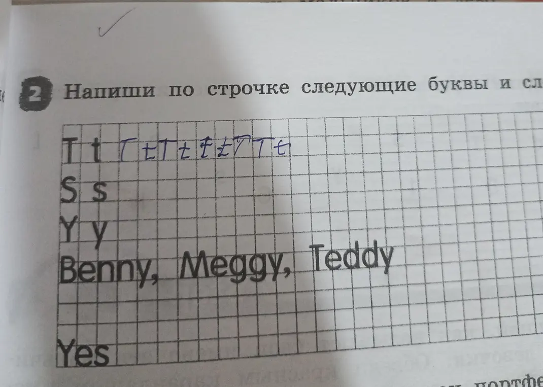 Ты просишь написать по строчке следующие буквы и слова: Tt, Ss, Yy, Benny, Meggy, Teddy, Yes