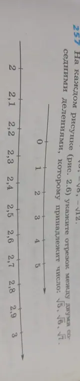 Определи отрезок между двумя соседними делениями, которому принадлежит число √5, √6, √7