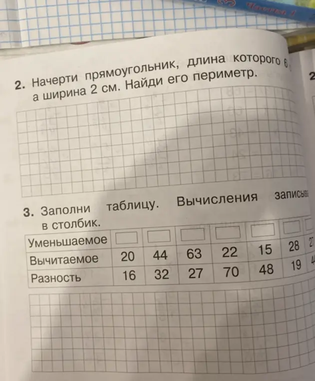 Начерти прямоугольник, длина которого 6 см, а ширина 2 см и найди его периметр. Заполни таблицу, вычисляя разность в столбик
