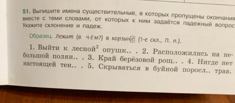 Помоги выписать имена существительные, в которых пропущены окончания в предложении 'Выйти к лесной опушк.'