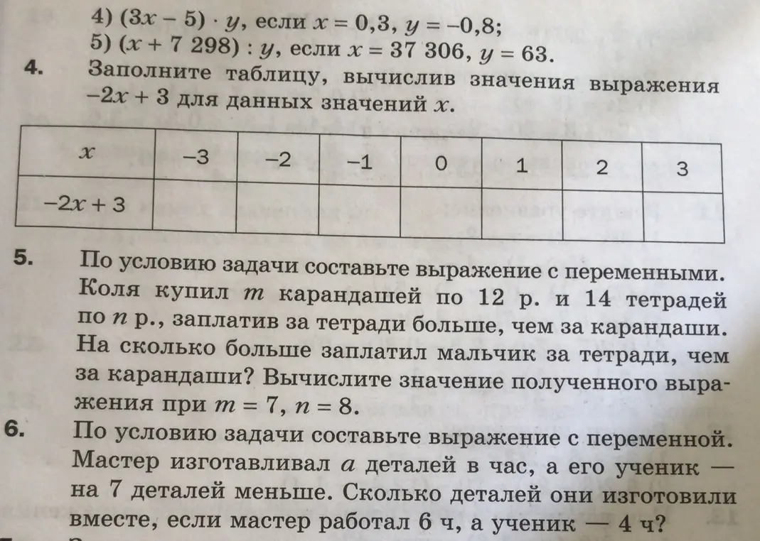Помоги мне заполнить таблицу, вычислив значения выражения -2х + 3 для данных значений х.