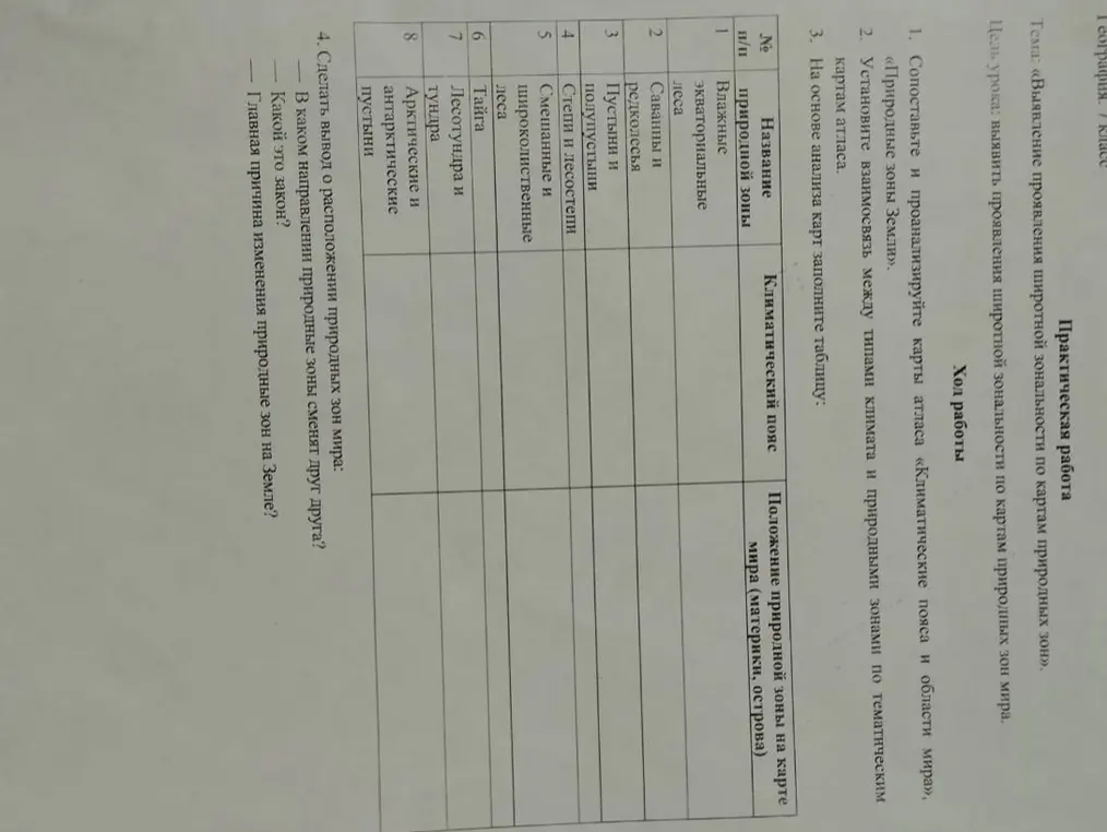 Можешь помочь сделать вывод о расположении природных зон мира и заполнить таблицу?
