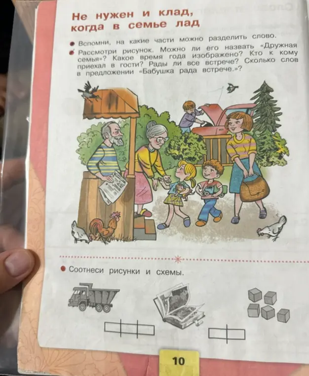 Ты просишь назвать части слова, определить, можно ли назвать семью на рисунке дружной, время года, кто к кому приехал в гости, рады ли все встрече и сколько слов в предложении «Бабушка рада встрече»