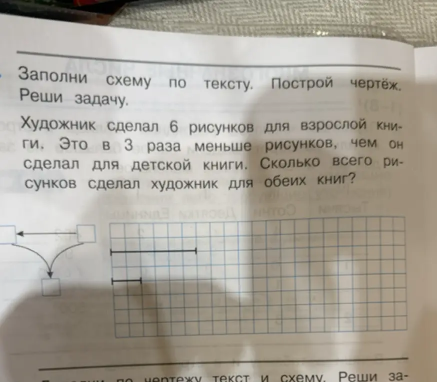 Помоги решить задачу: художник сделал 6 рисунков для взрослой книги. Это в 3 раза меньше рисунков, чем он сделал для детской книги. Сколько всего рисунков сделал художник для обеих книг?
