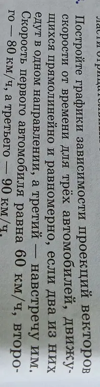 Построй графики зависимости проекций векторов скорости от времени для трёх автомобилей, движущихся прямолинейно и равномерно