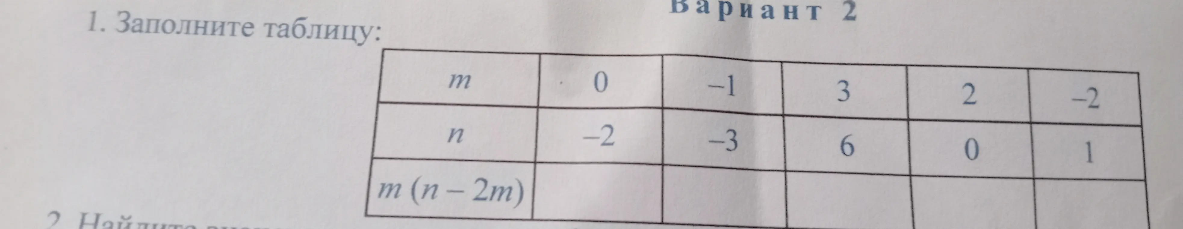 Заполни таблицу, вычислив значения выражения m(n-2m) при заданных m и n