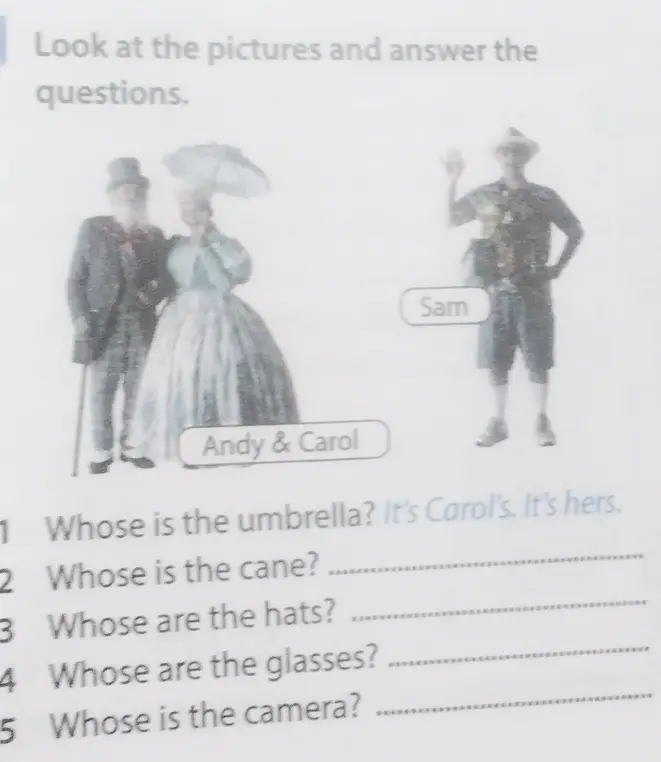 Помоги мне ответить на вопросы: "Whose is the cane? Whose are the hats? Whose are the glasses? Whose is the camera?"