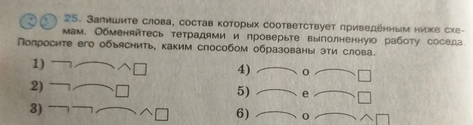Составь слова, состав которых соответствует приведённой схеме под номером 1