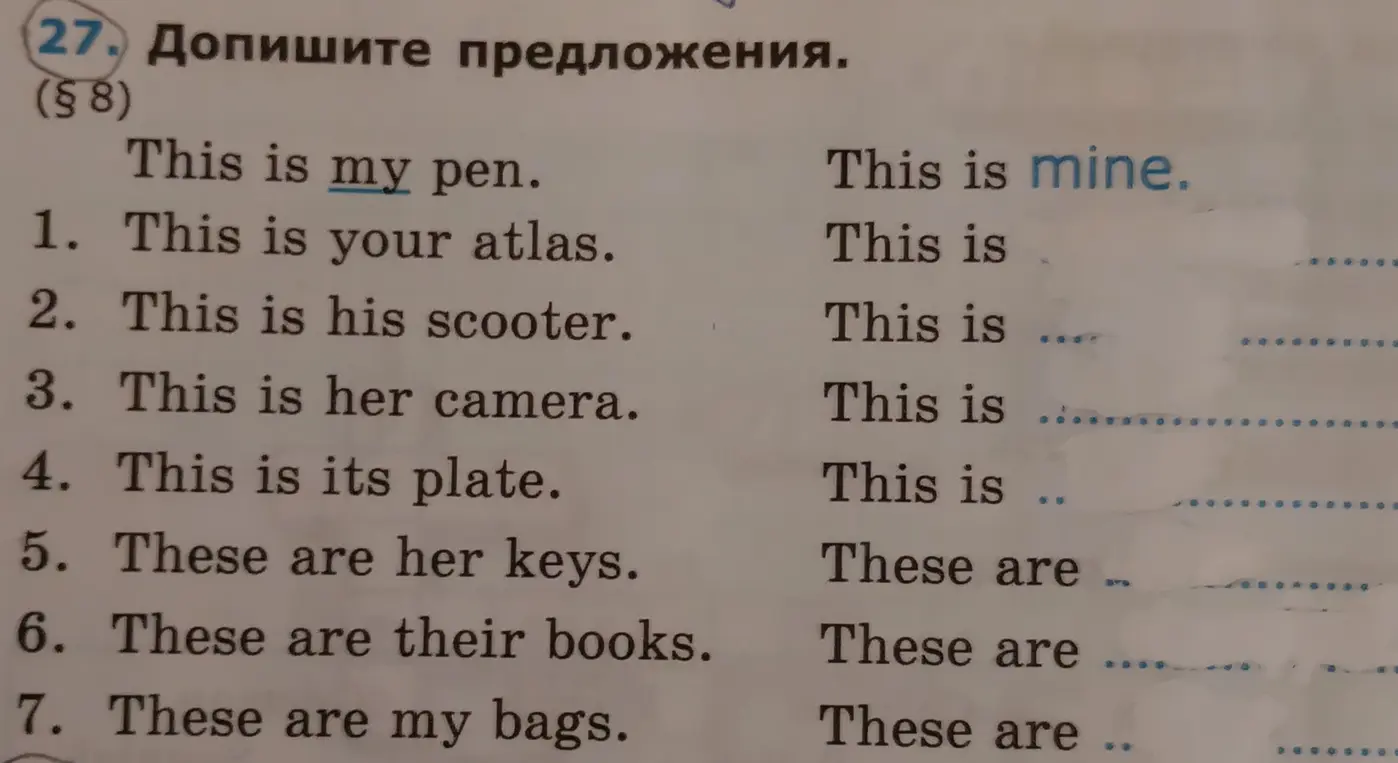 Составь предложения, используя притяжательные местоимения: This is your atlas.