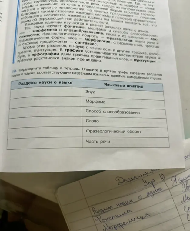 Можешь ли ты помочь мне заполнить таблицу, сопоставив разделы науки о языке и языковые понятия?