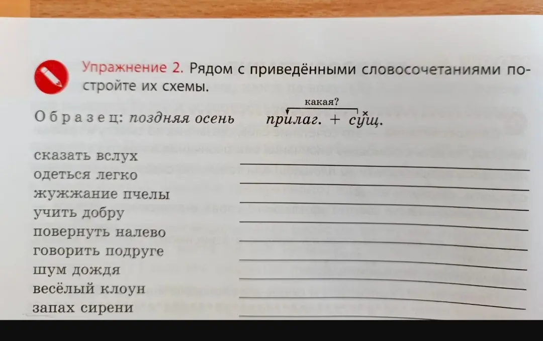 Составь схемы для словосочетаний: сказать вслух, одеться легко, жужжание пчелы, учить добру, повернуть налево, говорить подруге, шум дождя, весёлый клоун, запах сирени